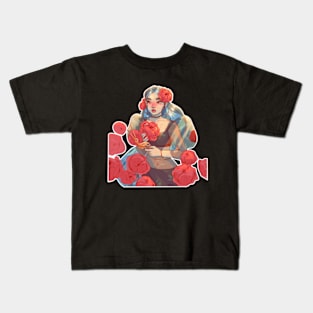 Girl with scissors cutting roses in the garden Kids T-Shirt